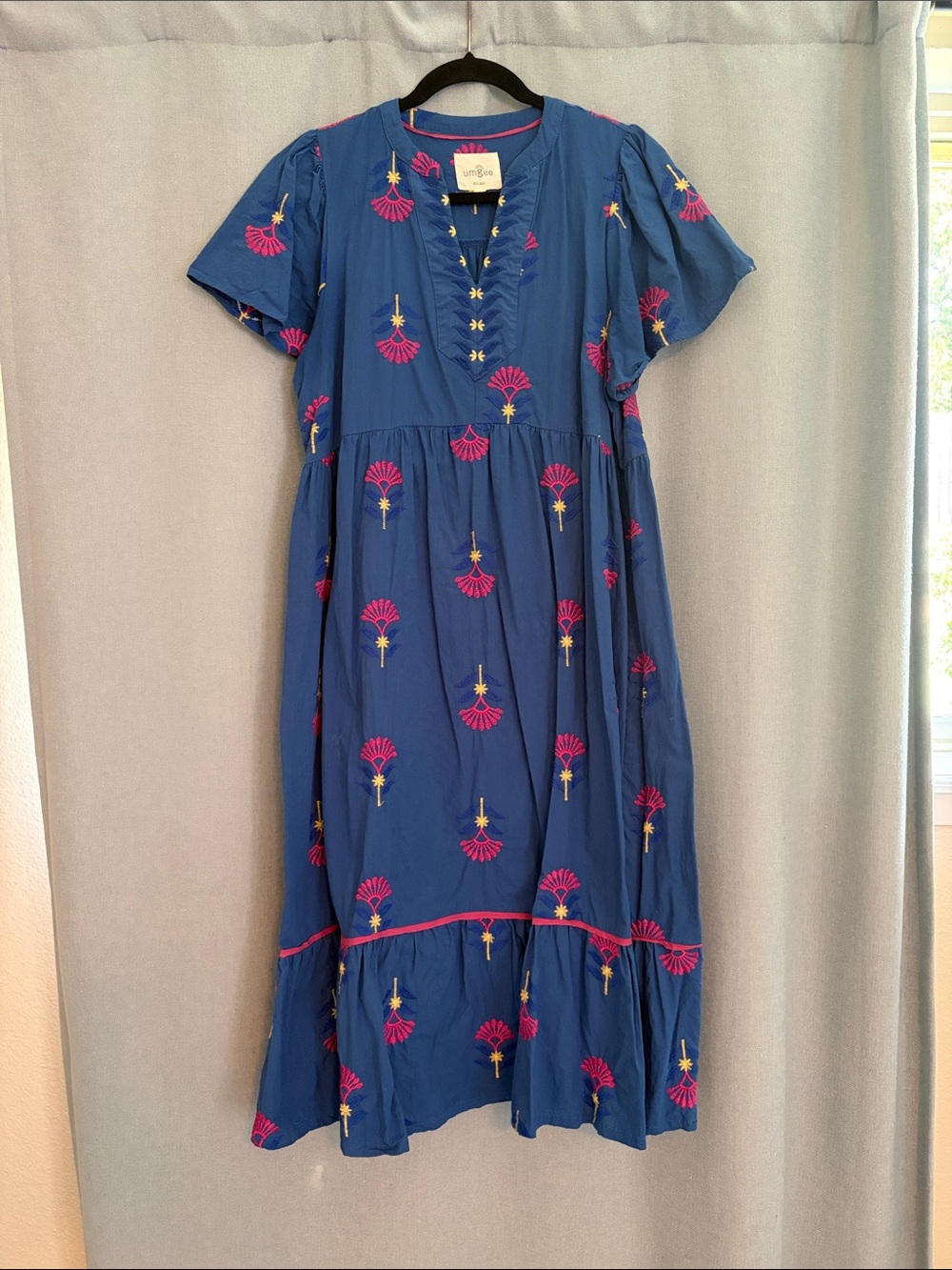 Umgee Blue Maxi Dress with Pink & Yellow Embroidery